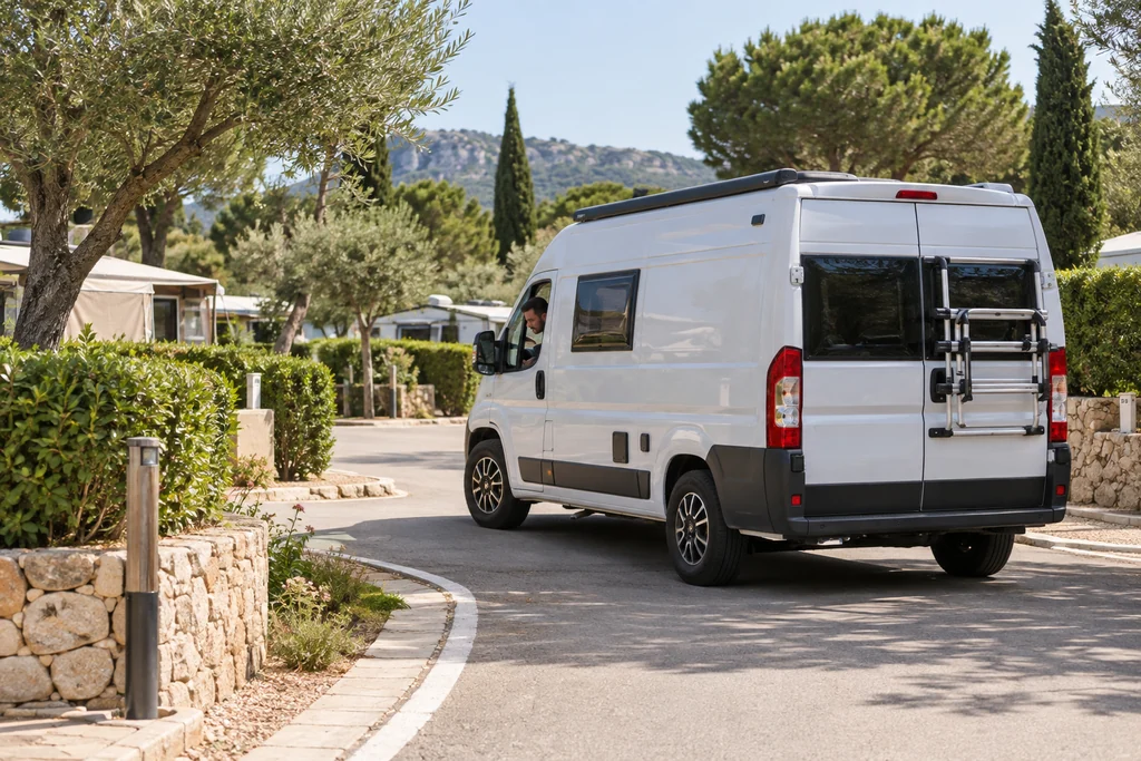 Camper maniobrando a baja velocidad por el acceso marcado de un camping