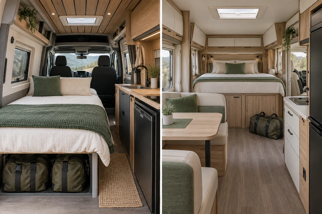 Comparación entre el interior compacto de una camper y el interior más amplio de una autocaravana