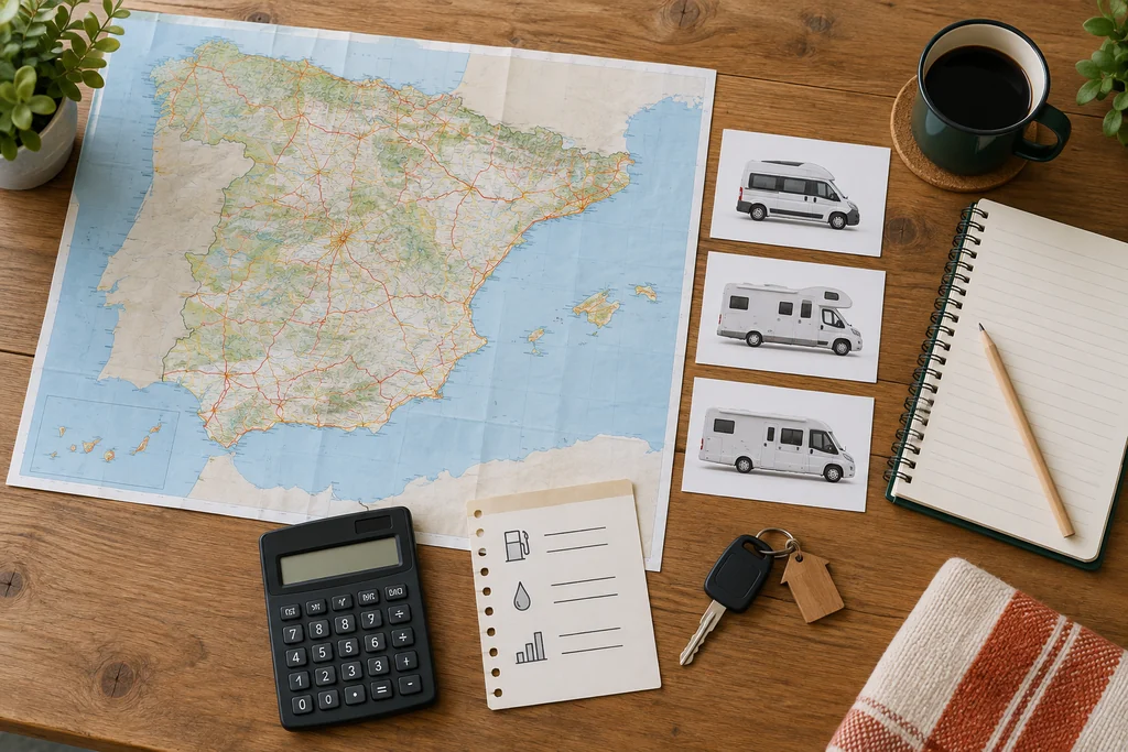 Mapa de España, calculadora, llaves y tres tipos de vehículos preparados para planificar un viaje en autocaravana