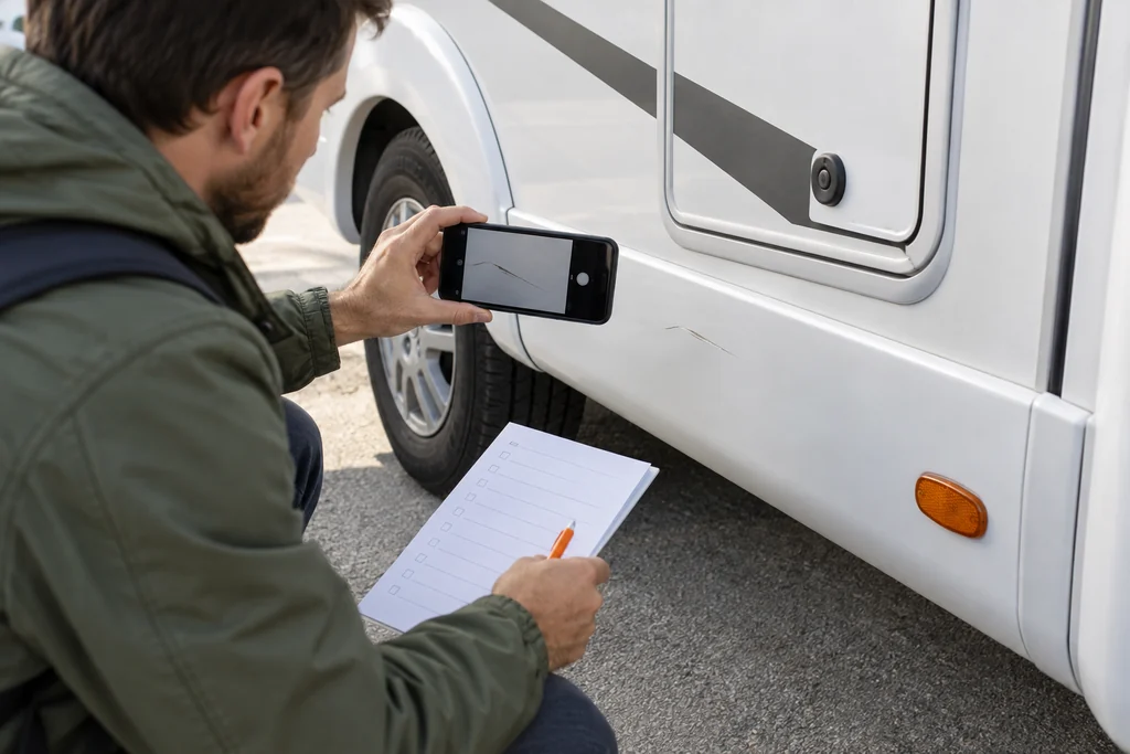 Viajero fotografiando un arañazo existente en el lateral de una autocaravana durante la recogida